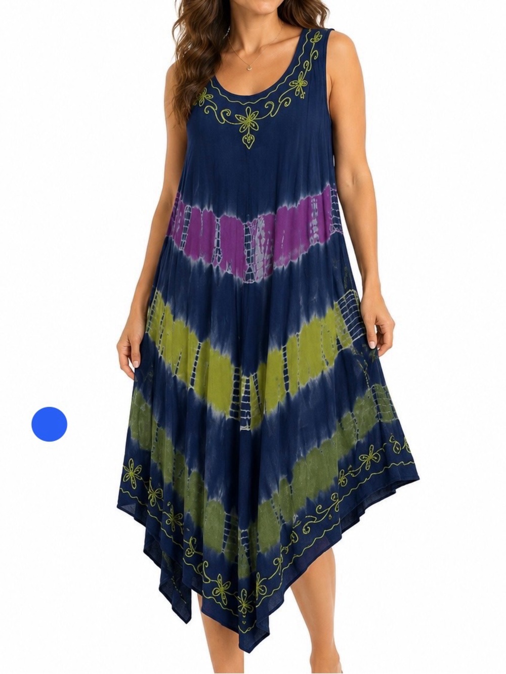 Young USA Blue Tie Dye Embroidered Handkerchief Dress One Size Boho Festival
